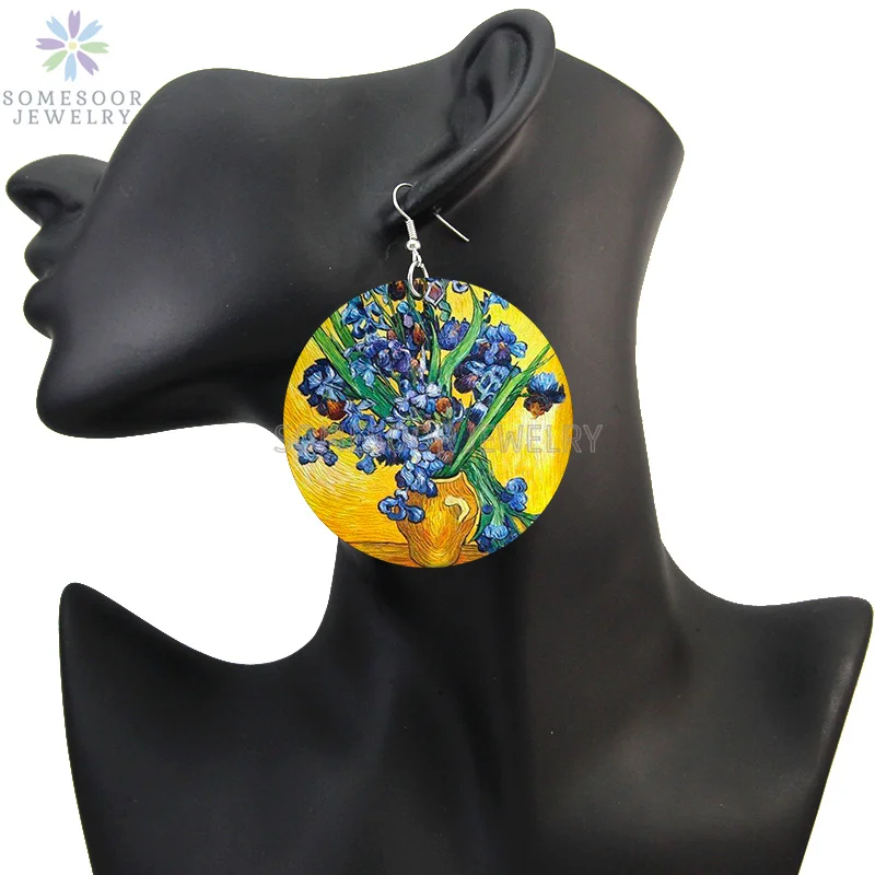 SOMESOOR Van Gogh Self Portrait Artistic Printed Wooden Drop Earrings Starry Night Sunflower Loops Dangle Jewelry For Women Gift