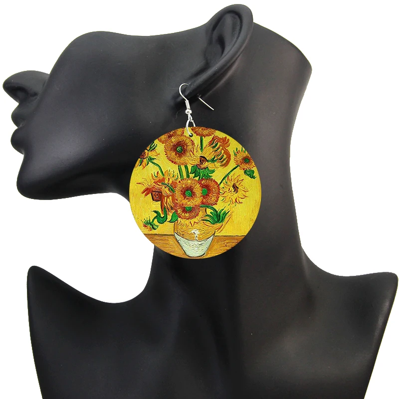 SOMESOOR Van Gogh Self Portrait Artistic Printed Wooden Drop Earrings Starry Night Sunflower Loops Dangle Jewelry For Women Gift