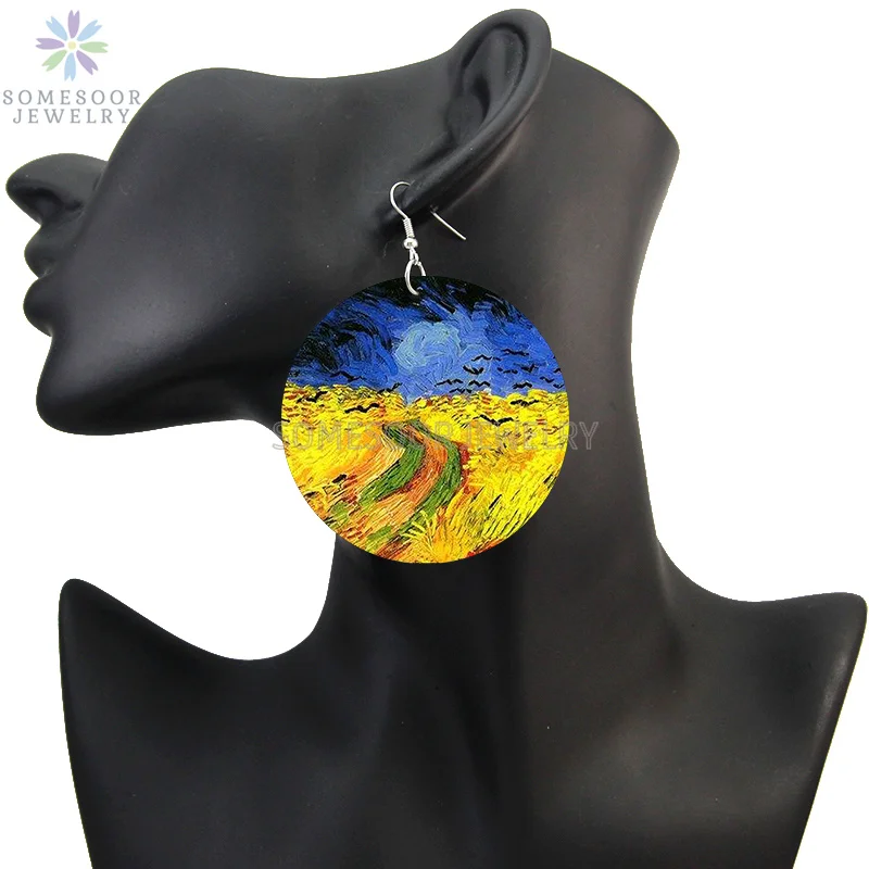 SOMESOOR Van Gogh Self Portrait Artistic Printed Wooden Drop Earrings Starry Night Sunflower Loops Dangle Jewelry For Women Gift