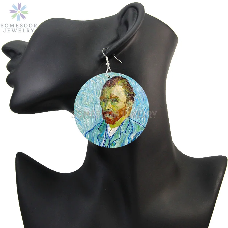 SOMESOOR Van Gogh Self Portrait Artistic Printed Wooden Drop Earrings Starry Night Sunflower Loops Dangle Jewelry For Women Gift