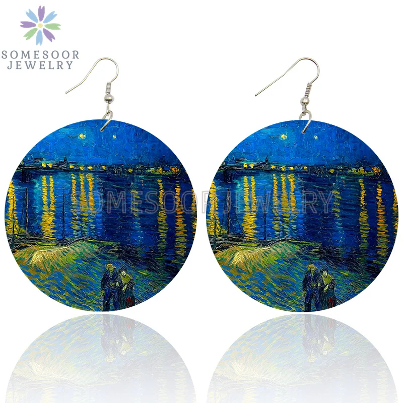 SOMESOOR Van Gogh Self Portrait Artistic Printed Wooden Drop Earrings Starry Night Sunflower Loops Dangle Jewelry For Women Gift
