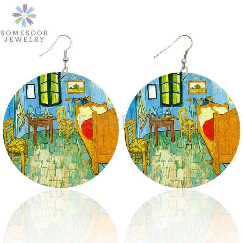 SOMESOOR Van Gogh Self Portrait Artistic Printed Wooden Drop Earrings Starry Night Sunflower Loops Dangle Jewelry For Women Gift