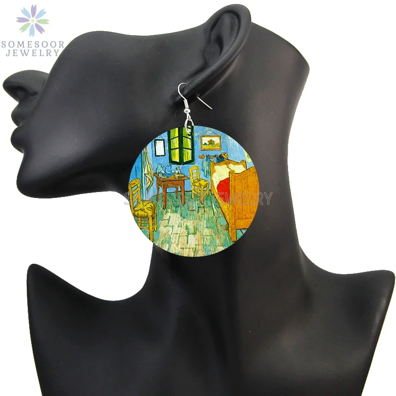 SOMESOOR Van Gogh Self Portrait Artistic Printed Wooden Drop Earrings Starry Night Sunflower Loops Dangle Jewelry For Women Gift