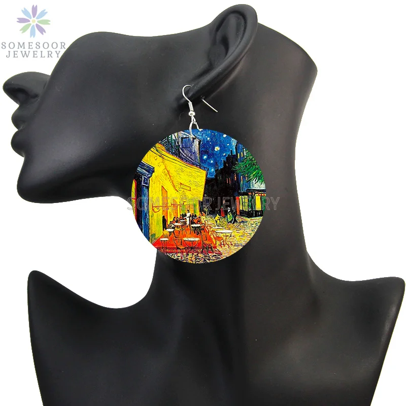 SOMESOOR Van Gogh Self Portrait Artistic Printed Wooden Drop Earrings Starry Night Sunflower Loops Dangle Jewelry For Women Gift