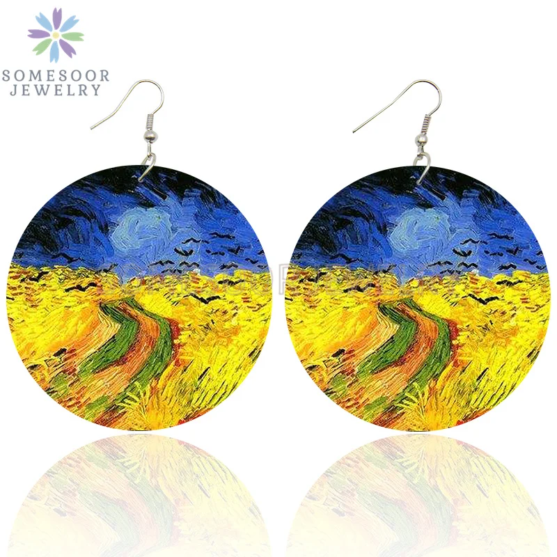 SOMESOOR Van Gogh Self Portrait Artistic Printed Wooden Drop Earrings Starry Night Sunflower Loops Dangle Jewelry For Women Gift