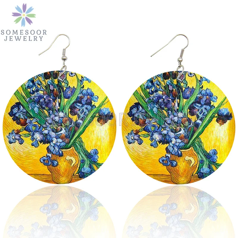 SOMESOOR Van Gogh Self Portrait Artistic Printed Wooden Drop Earrings Starry Night Sunflower Loops Dangle Jewelry For Women Gift