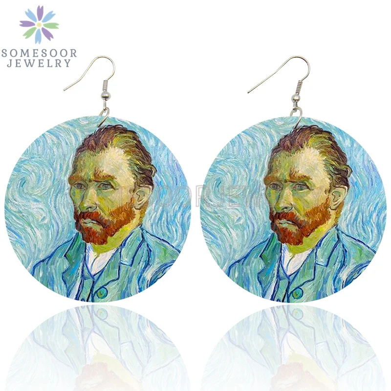 SOMESOOR Van Gogh Self Portrait Artistic Printed Wooden Drop Earrings Starry Night Sunflower Loops Dangle Jewelry For Women Gift