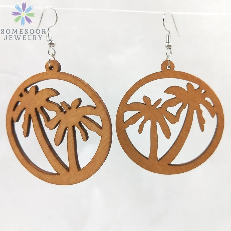 SOMESOOR Fashion Laser Cutting Wooden Drop Earrings African Map Traditional Ethnic Design Pendant Dangle Jewelry For Women Gift