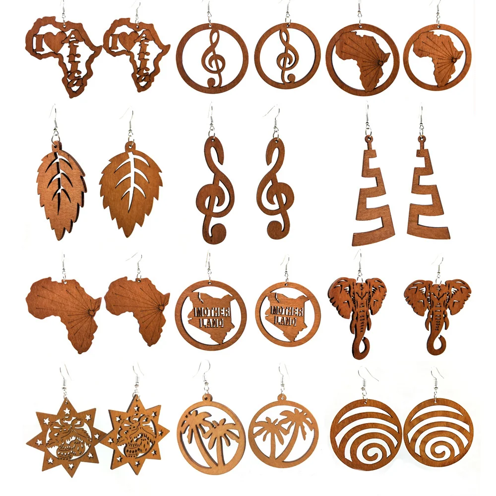 SOMESOOR Fashion Laser Cutting Wooden Drop Earrings African Map Traditional Ethnic Design Pendant Dangle Jewelry For Women Gift
