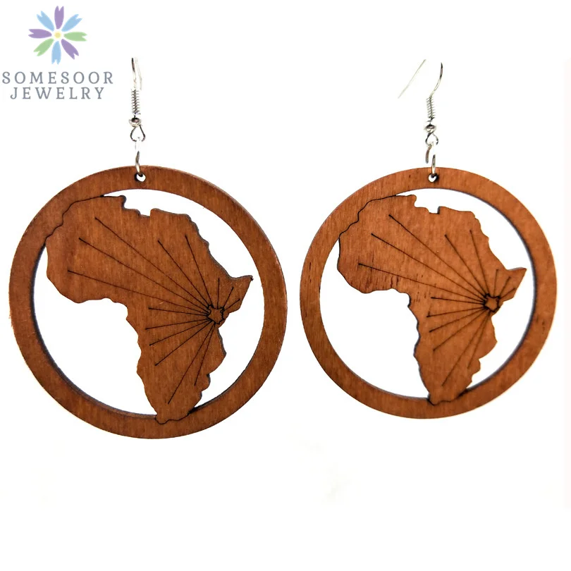 SOMESOOR Fashion Laser Cutting Wooden Drop Earrings African Map Traditional Ethnic Design Pendant Dangle Jewelry For Women Gift