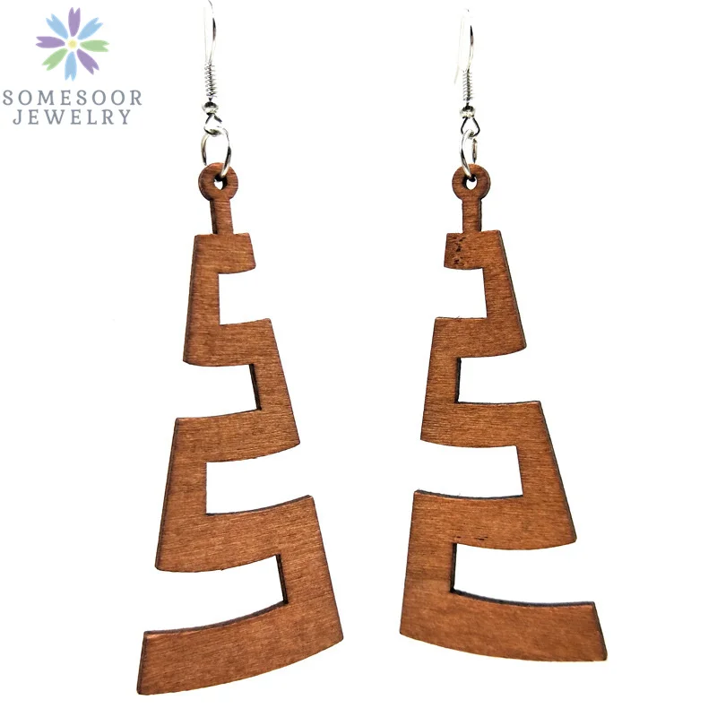 SOMESOOR Fashion Laser Cutting Wooden Drop Earrings African Map Traditional Ethnic Design Pendant Dangle Jewelry For Women Gift