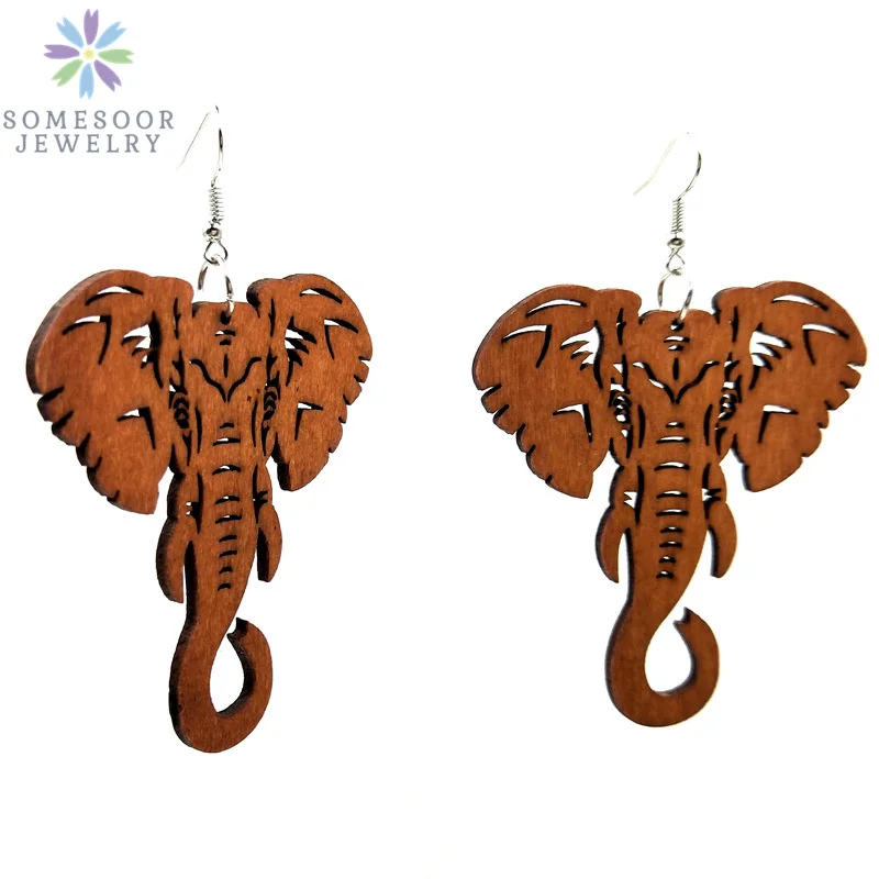 SOMESOOR Fashion Laser Cutting Wooden Drop Earrings African Map Traditional Ethnic Design Pendant Dangle Jewelry For Women Gift