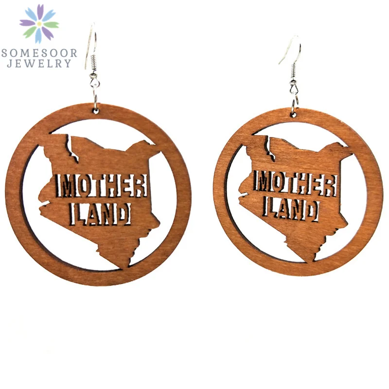 SOMESOOR Fashion Laser Cutting Wooden Drop Earrings African Map Traditional Ethnic Design Pendant Dangle Jewelry For Women Gift