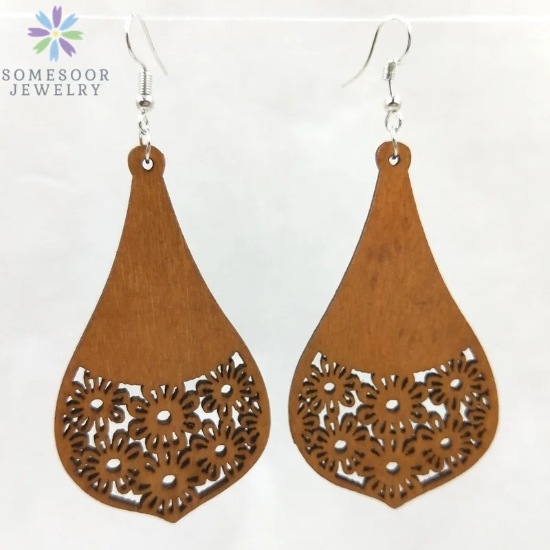 SOMESOOR Fashion Laser Cutting Wooden Drop Earrings African Map Traditional Ethnic Design Pendant Dangle Jewelry For Women Gift