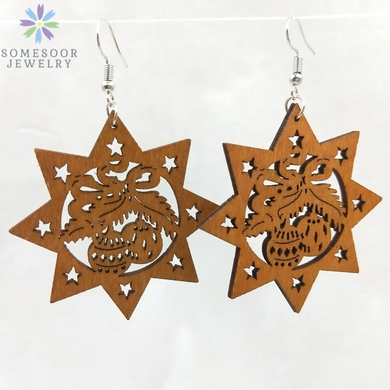 SOMESOOR Fashion Laser Cutting Wooden Drop Earrings African Map Traditional Ethnic Design Pendant Dangle Jewelry For Women Gift