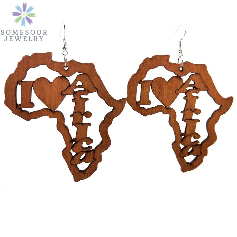 SOMESOOR Fashion Laser Cutting Wooden Drop Earrings African Map Traditional Ethnic Design Pendant Dangle Jewelry For Women Gift