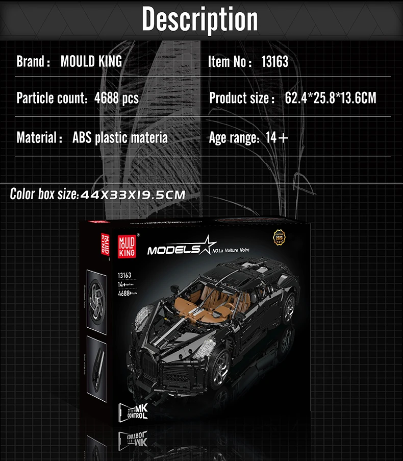 Mould King 13163 Technical Car Building Block Remote Control La Voiture Noire Sport Racing Car Model Toys Kids Christmas Gift