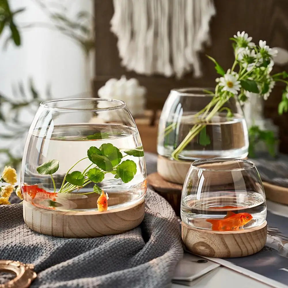 Clear Glass Vases Fish Tank With Wooden Base Hydroponic Plant Vase Ecological Fish Tank Flower Vase Centerpiece Decorative