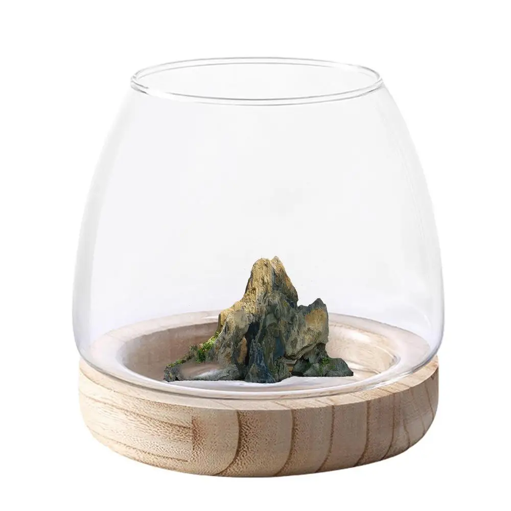 Clear Glass Vases Fish Tank With Wooden Base Hydroponic Plant Vase Ecological Fish Tank Flower Vase Centerpiece Decorative