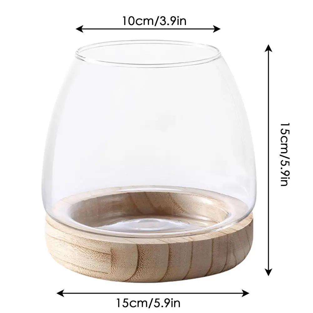 Clear Glass Vases Fish Tank With Wooden Base Hydroponic Plant Vase Ecological Fish Tank Flower Vase Centerpiece Decorative