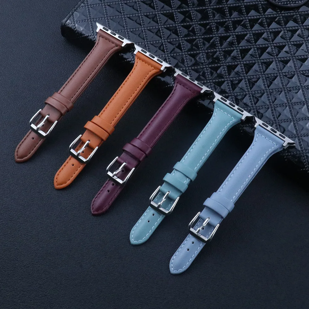 Slim Leather strap For Apple watch band 40mm 44mm 38mm 42mm 44 mm Genuine Leather bracelet Apple watch serie 7 6 5 4 3 se strap