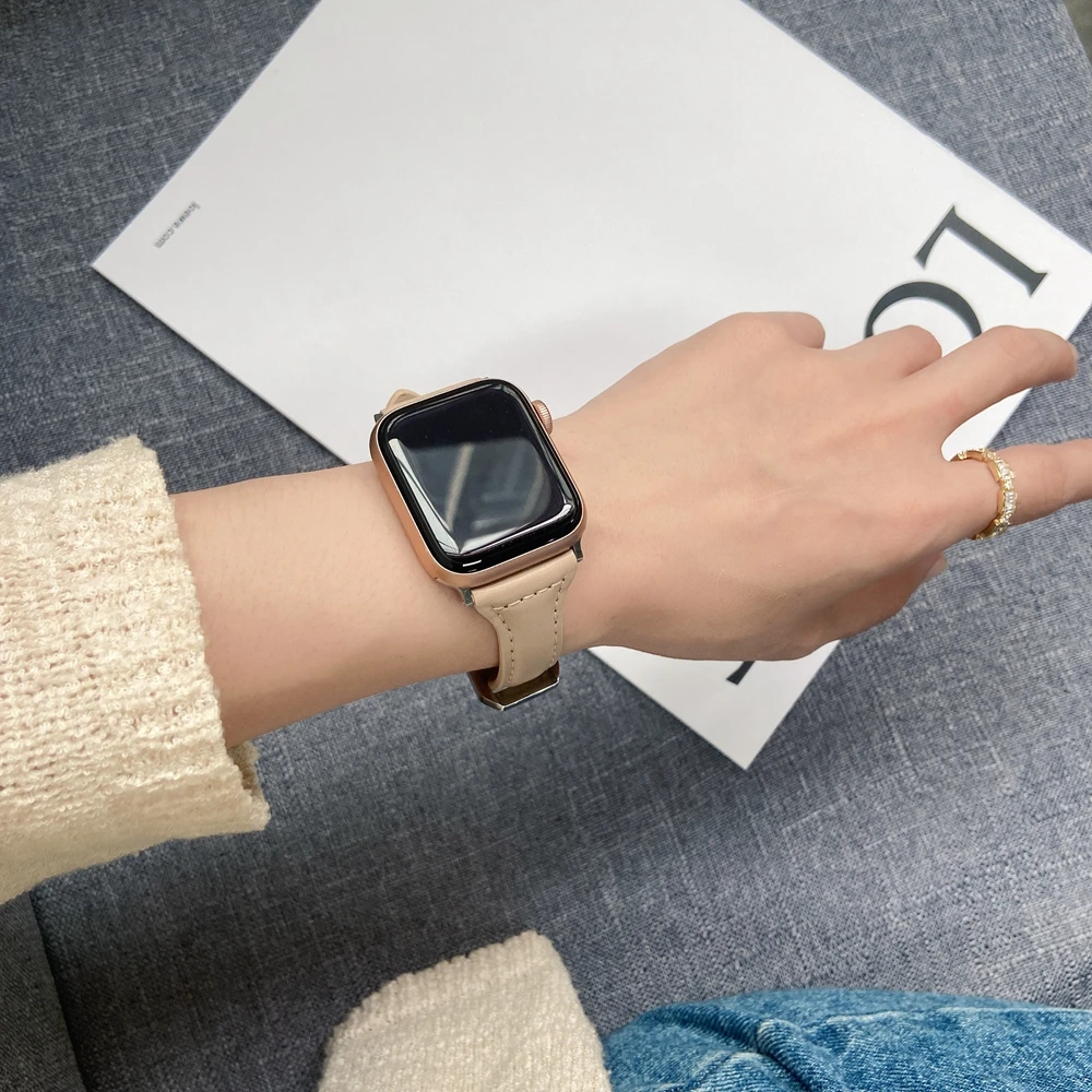 Slim Leather strap For Apple watch band 40mm 44mm 38mm 42mm 44 mm Genuine Leather bracelet Apple watch serie 7 6 5 4 3 se strap