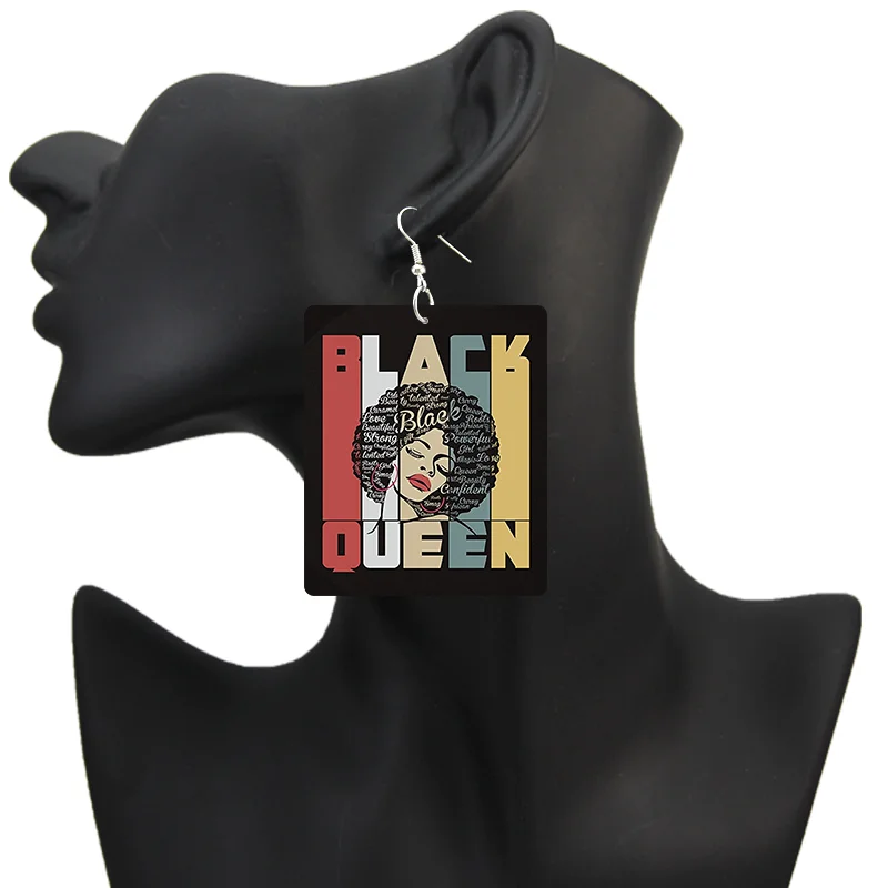 SOMESOOR God Say I Am Black Queen Wooden Drop Earrings For Women Melanin Poppin Unique Afro Girl Curly Rectangle Dangle Jewelry