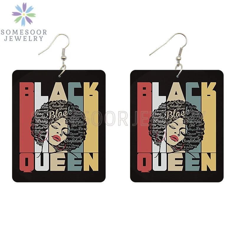 SOMESOOR God Say I Am Black Queen Wooden Drop Earrings For Women Melanin Poppin Unique Afro Girl Curly Rectangle Dangle Jewelry