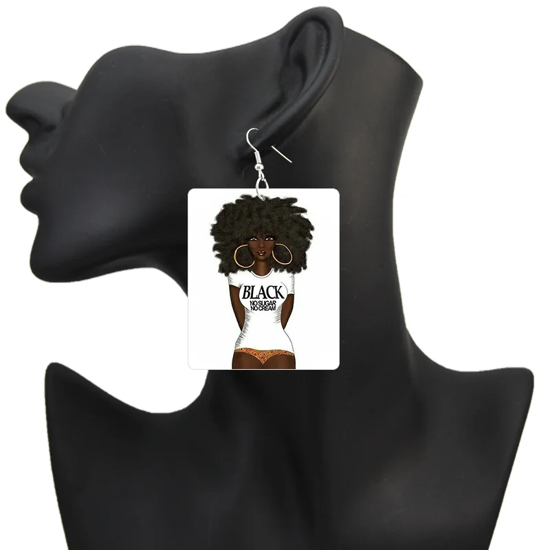 SOMESOOR God Say I Am Black Queen Wooden Drop Earrings For Women Melanin Poppin Unique Afro Girl Curly Rectangle Dangle Jewelry