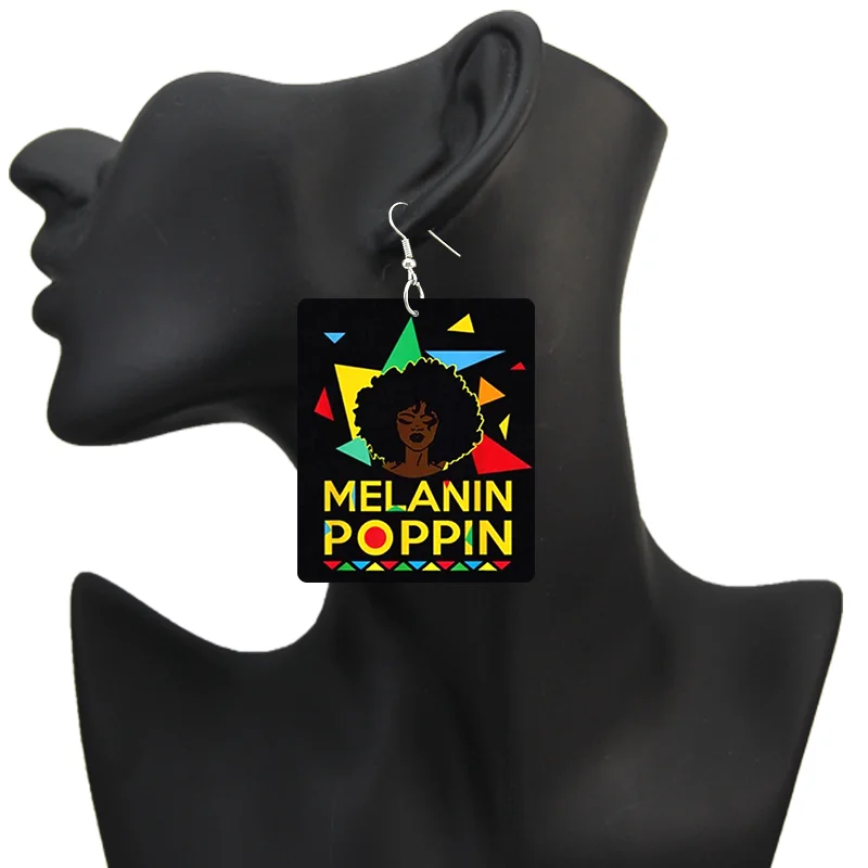 SOMESOOR God Say I Am Black Queen Wooden Drop Earrings For Women Melanin Poppin Unique Afro Girl Curly Rectangle Dangle Jewelry