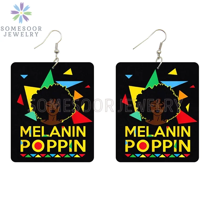 SOMESOOR God Say I Am Black Queen Wooden Drop Earrings For Women Melanin Poppin Unique Afro Girl Curly Rectangle Dangle Jewelry