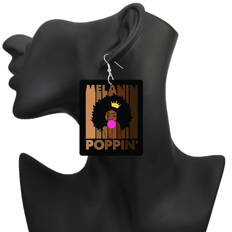 SOMESOOR God Say I Am Black Queen Wooden Drop Earrings For Women Melanin Poppin Unique Afro Girl Curly Rectangle Dangle Jewelry