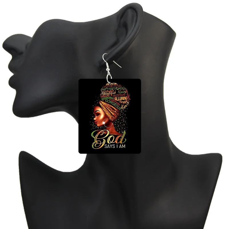 SOMESOOR God Say I Am Black Queen Wooden Drop Earrings For Women Melanin Poppin Unique Afro Girl Curly Rectangle Dangle Jewelry