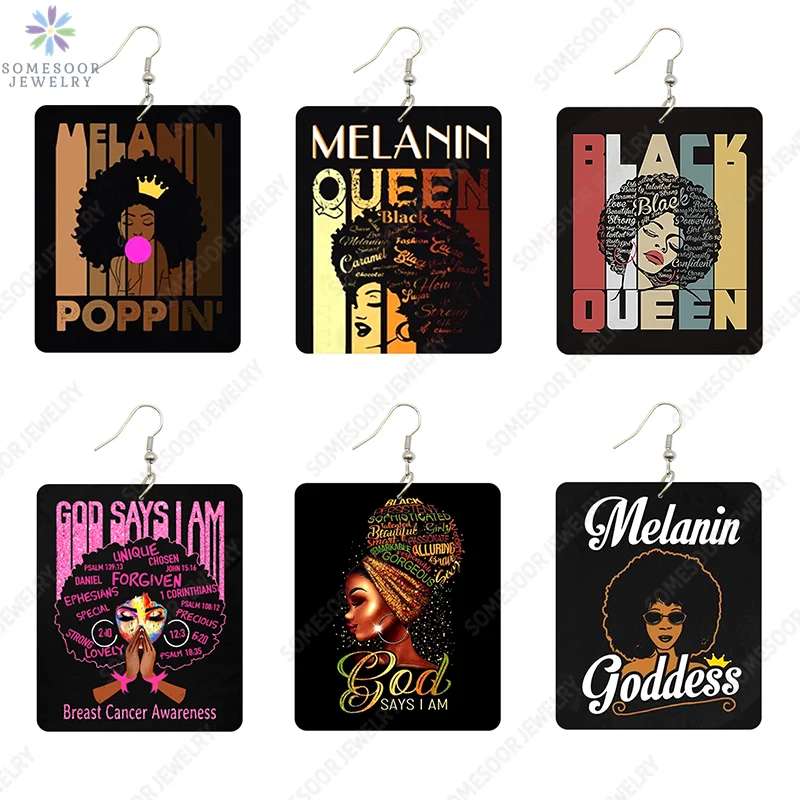 SOMESOOR God Say I Am Black Queen Wooden Drop Earrings For Women Melanin Poppin Unique Afro Girl Curly Rectangle Dangle Jewelry