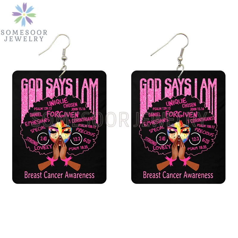 SOMESOOR God Say I Am Black Queen Wooden Drop Earrings For Women Melanin Poppin Unique Afro Girl Curly Rectangle Dangle Jewelry