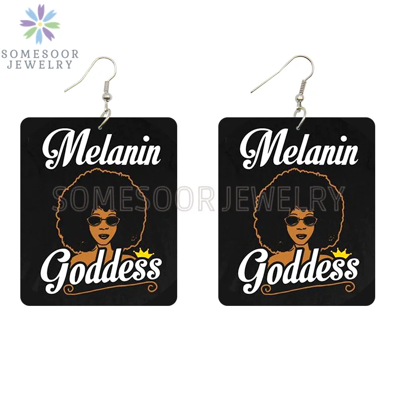 SOMESOOR God Say I Am Black Queen Wooden Drop Earrings For Women Melanin Poppin Unique Afro Girl Curly Rectangle Dangle Jewelry