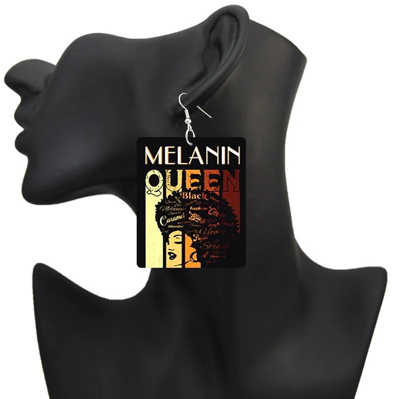 SOMESOOR God Say I Am Black Queen Wooden Drop Earrings For Women Melanin Poppin Unique Afro Girl Curly Rectangle Dangle Jewelry