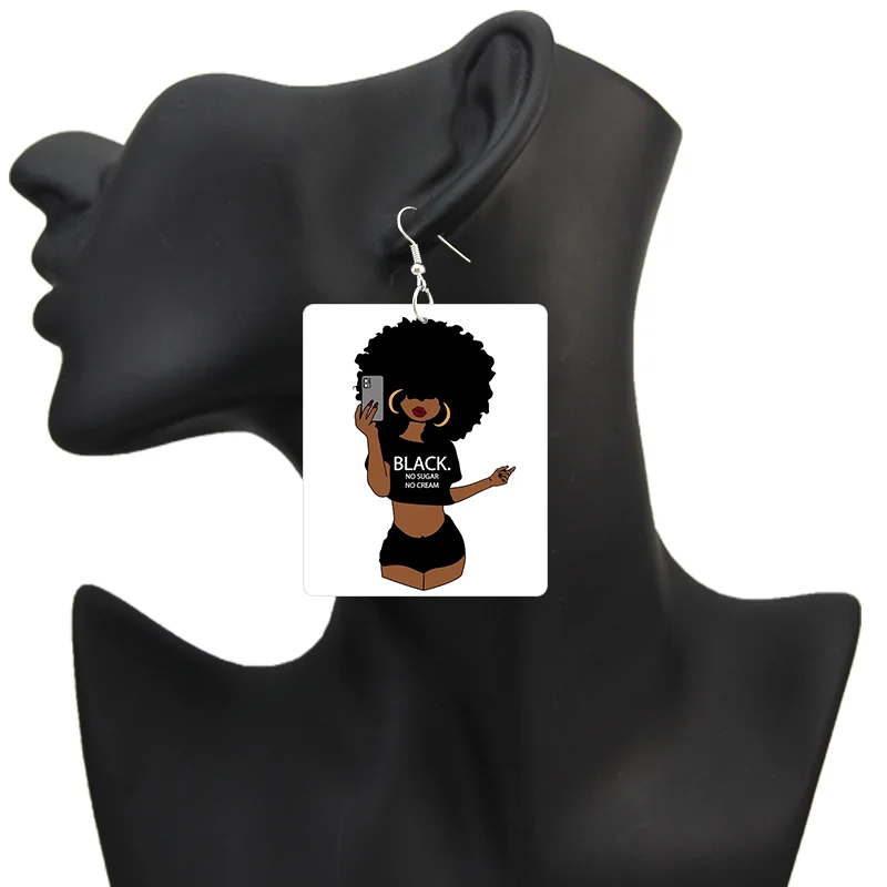SOMESOOR God Say I Am Black Queen Wooden Drop Earrings For Women Melanin Poppin Unique Afro Girl Curly Rectangle Dangle Jewelry
