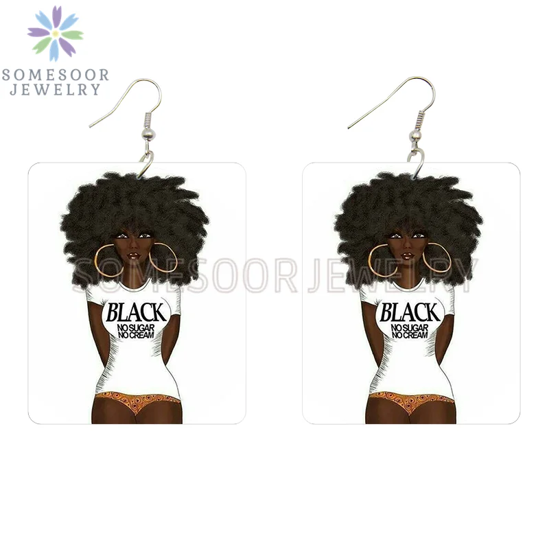SOMESOOR God Say I Am Black Queen Wooden Drop Earrings For Women Melanin Poppin Unique Afro Girl Curly Rectangle Dangle Jewelry
