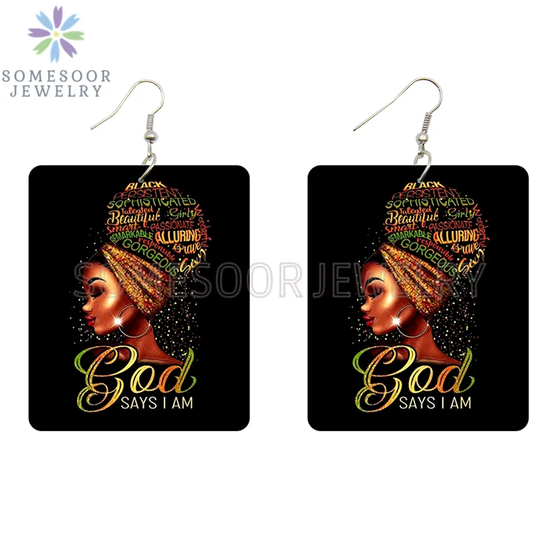 SOMESOOR God Say I Am Black Queen Wooden Drop Earrings For Women Melanin Poppin Unique Afro Girl Curly Rectangle Dangle Jewelry