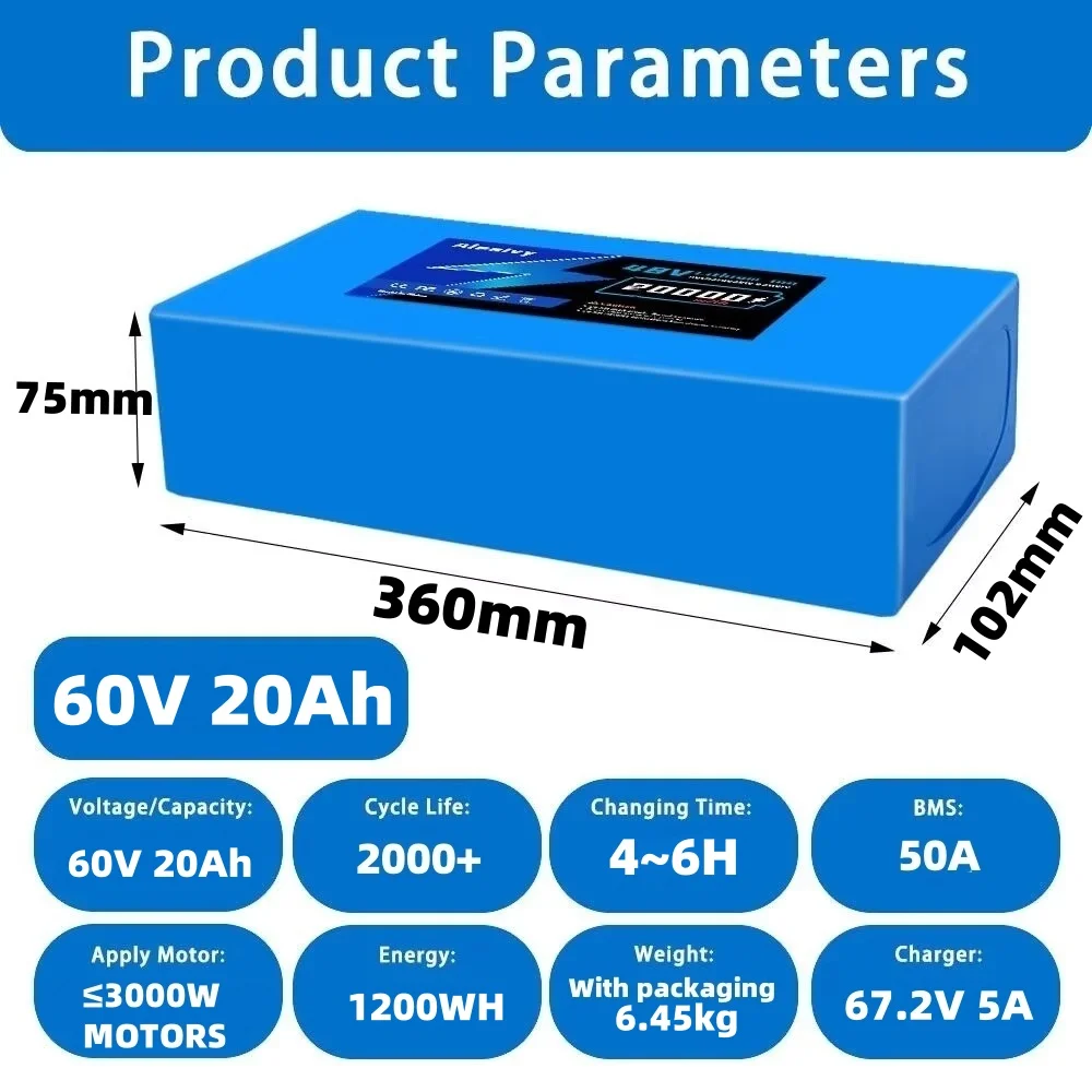Ship from US 60V 20Ah 30Ah Electric Bike Li ion Battery Pack for 500W~3000W High Power Bicycle Scooter Motorcycle with 5A Charge