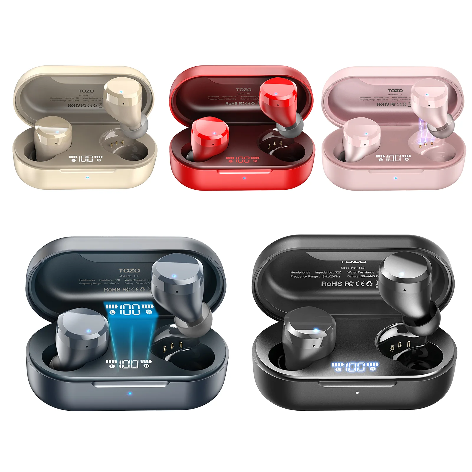 Refurbished TOZO T12 Wireless Earbuds LED Digital Display HiFi Stereo Sound Portable Handfree Sport Earphones Wireless Headset