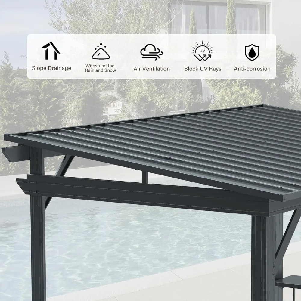 Domi 6.5x12FT Hardtop Grill Gazebo, Outdoor BBQ Gazebo with 2 Side Shelves, Sloping Steel Roof for Permanent Sun Shade with Ceil