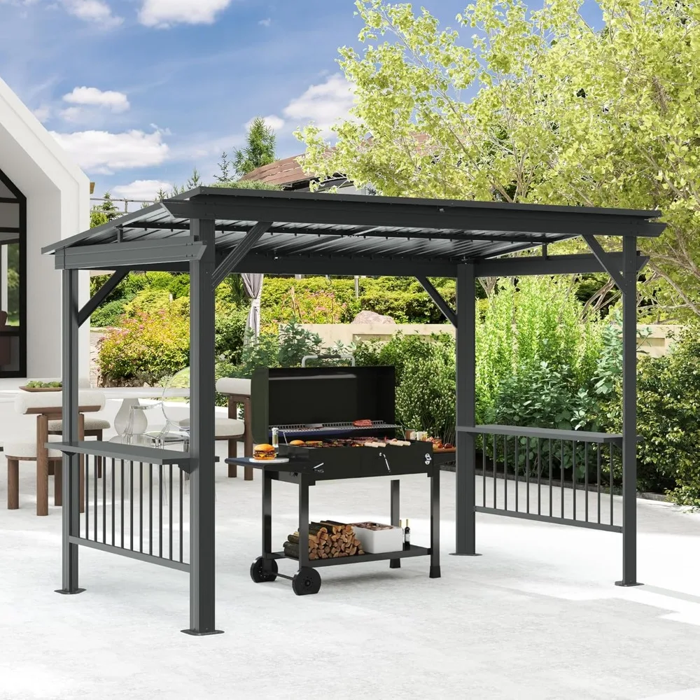 Domi 6.5x12FT Hardtop Grill Gazebo, Outdoor BBQ Gazebo with 2 Side Shelves, Sloping Steel Roof for Permanent Sun Shade with Ceil