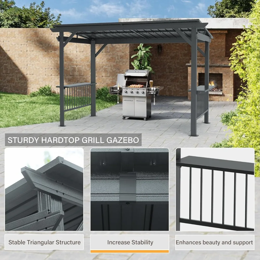 Domi 6.5x12FT Hardtop Grill Gazebo, Outdoor BBQ Gazebo with 2 Side Shelves, Sloping Steel Roof for Permanent Sun Shade with Ceil