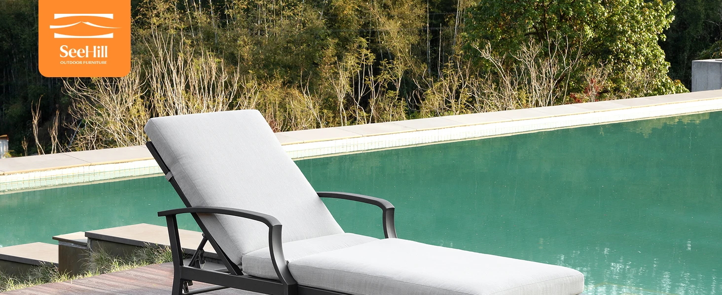 SeeHill Aluminum Outdoor Chaise Lounge Chair with Cushion, Adjustable Backrest Pool Lounger for Patio or Deck Use, Gunmetal