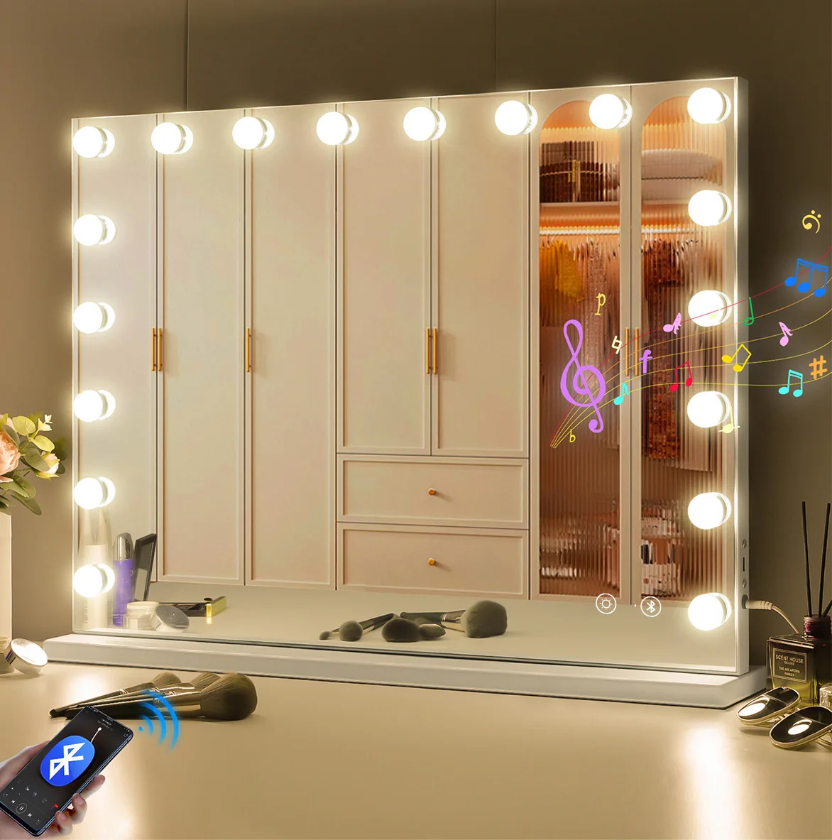 Large Vanity Mirror With Lights And Bluetooth Speakers Dimmable LED Lights With 10 Times Magnification USB Port for Woman Makeup