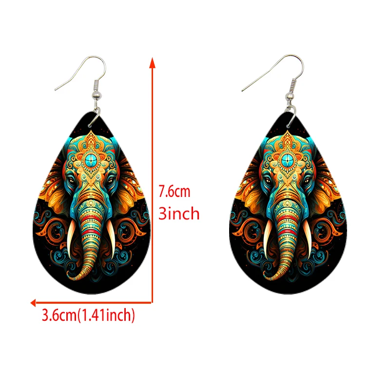 SOMESOOR Bohemian Teardrop Wooden Earrings Colorful Elephant Mandala Sun And Moon Flower Print Pendant Dangle Jewelry For Women