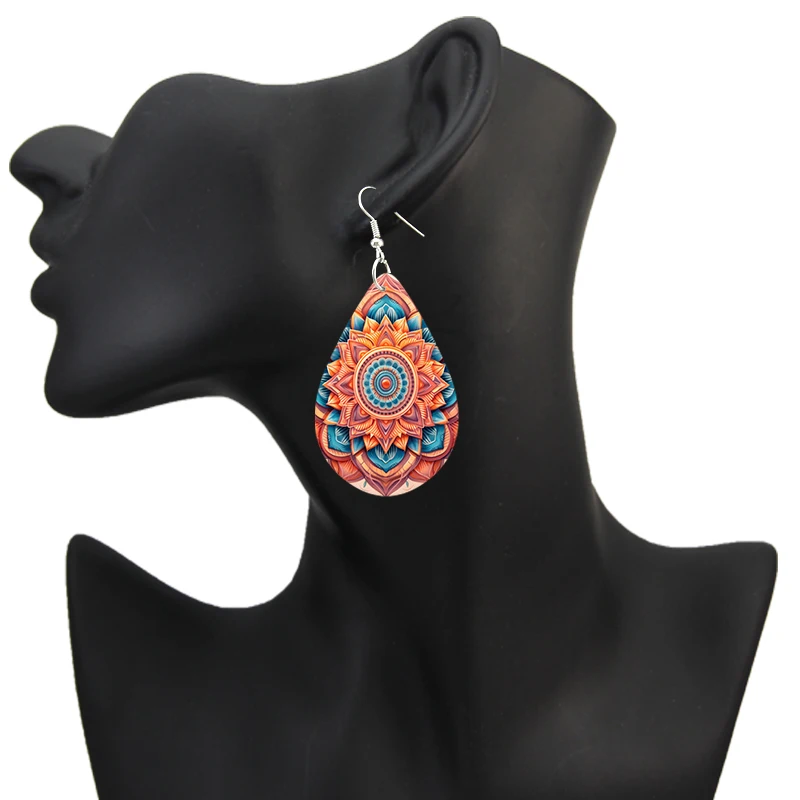 SOMESOOR Bohemian Teardrop Wooden Earrings Colorful Elephant Mandala Sun And Moon Flower Print Pendant Dangle Jewelry For Women