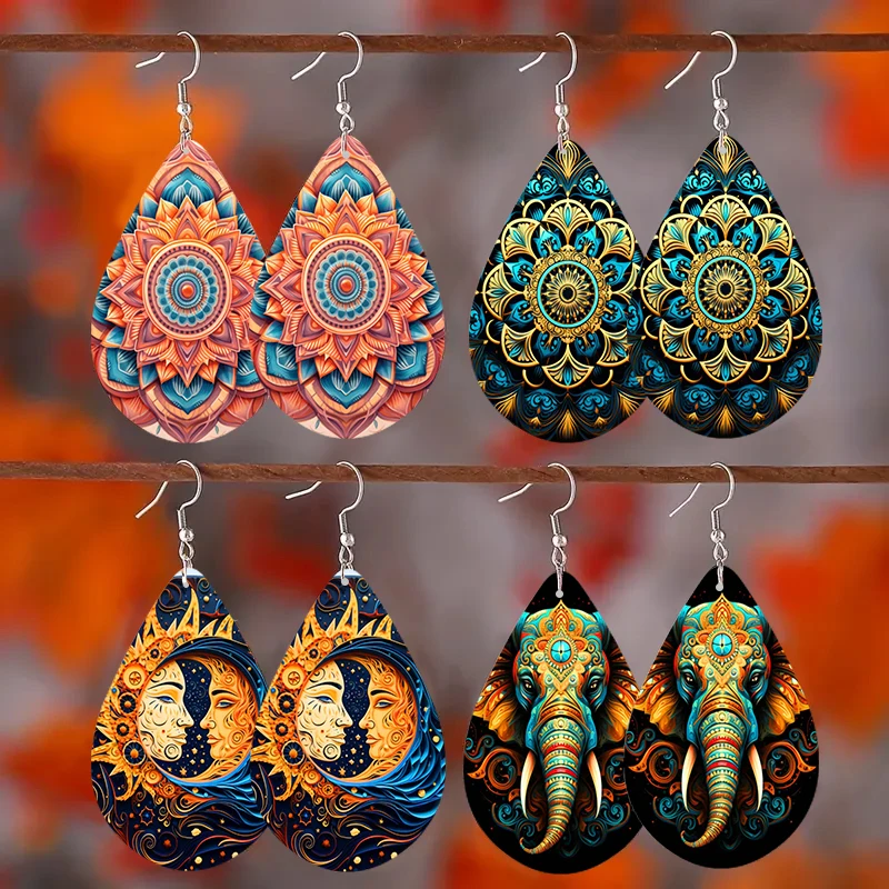 SOMESOOR Bohemian Teardrop Wooden Earrings Colorful Elephant Mandala Sun And Moon Flower Print Pendant Dangle Jewelry For Women